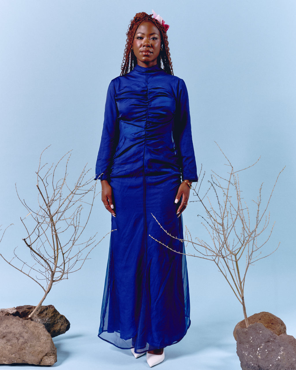 Blue Front Gathering Dress