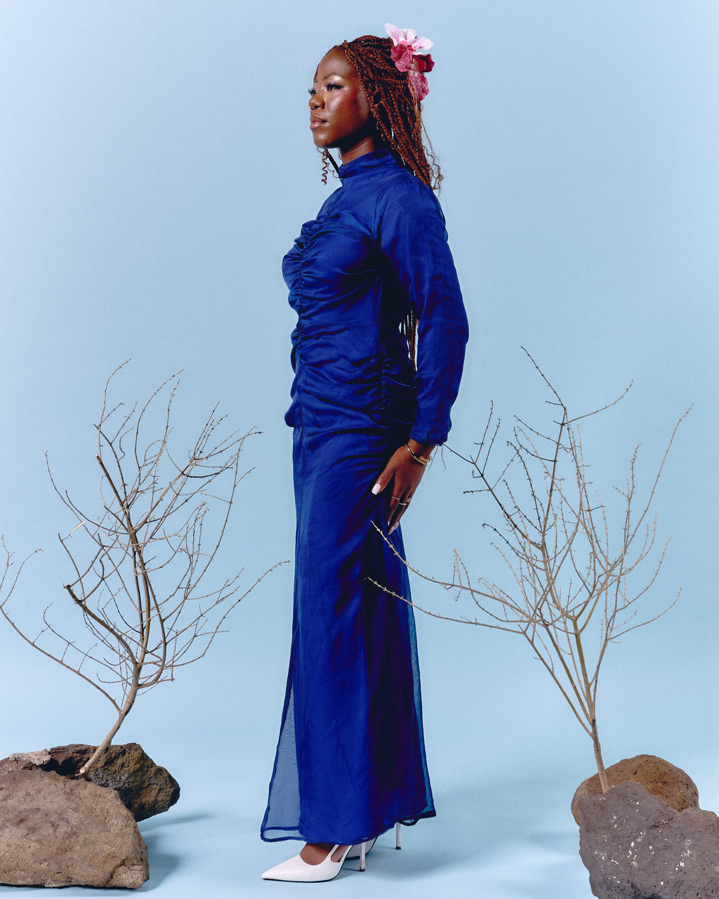 Blue Front Gathering Dress