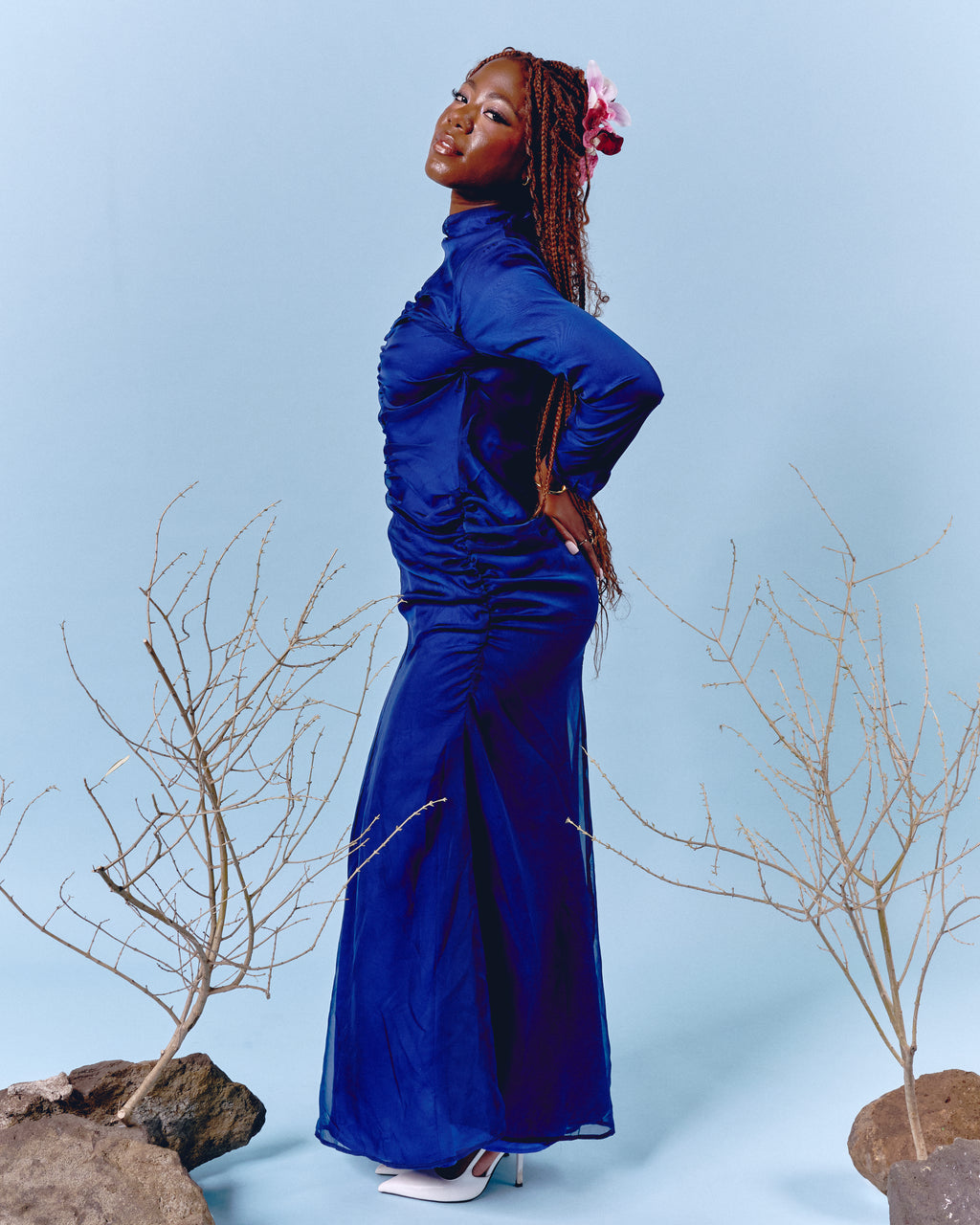 Blue Front Gathering Dress