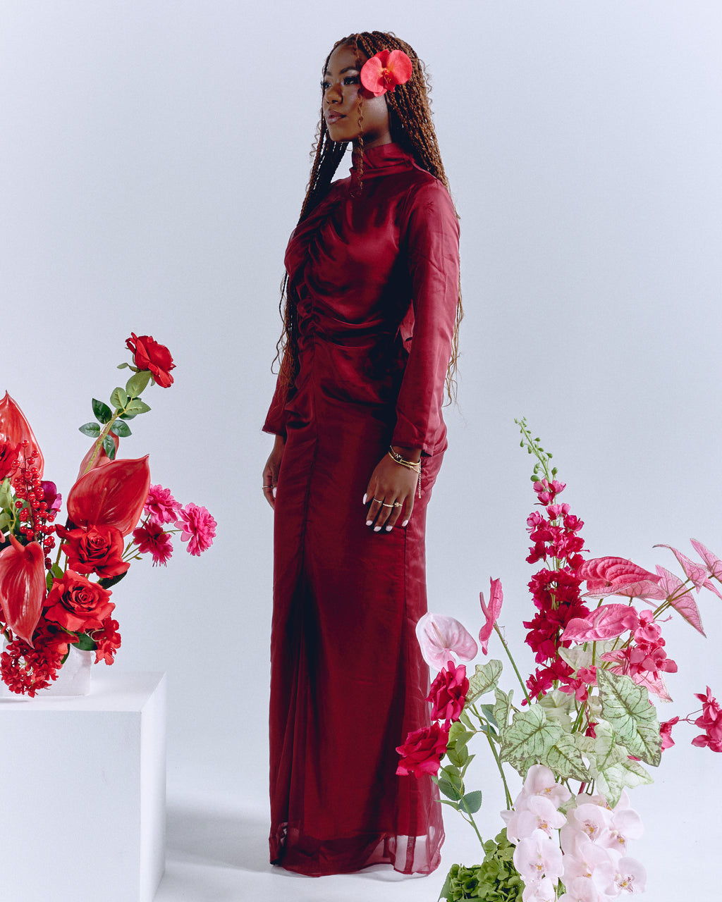 Red Front Gathering Dress