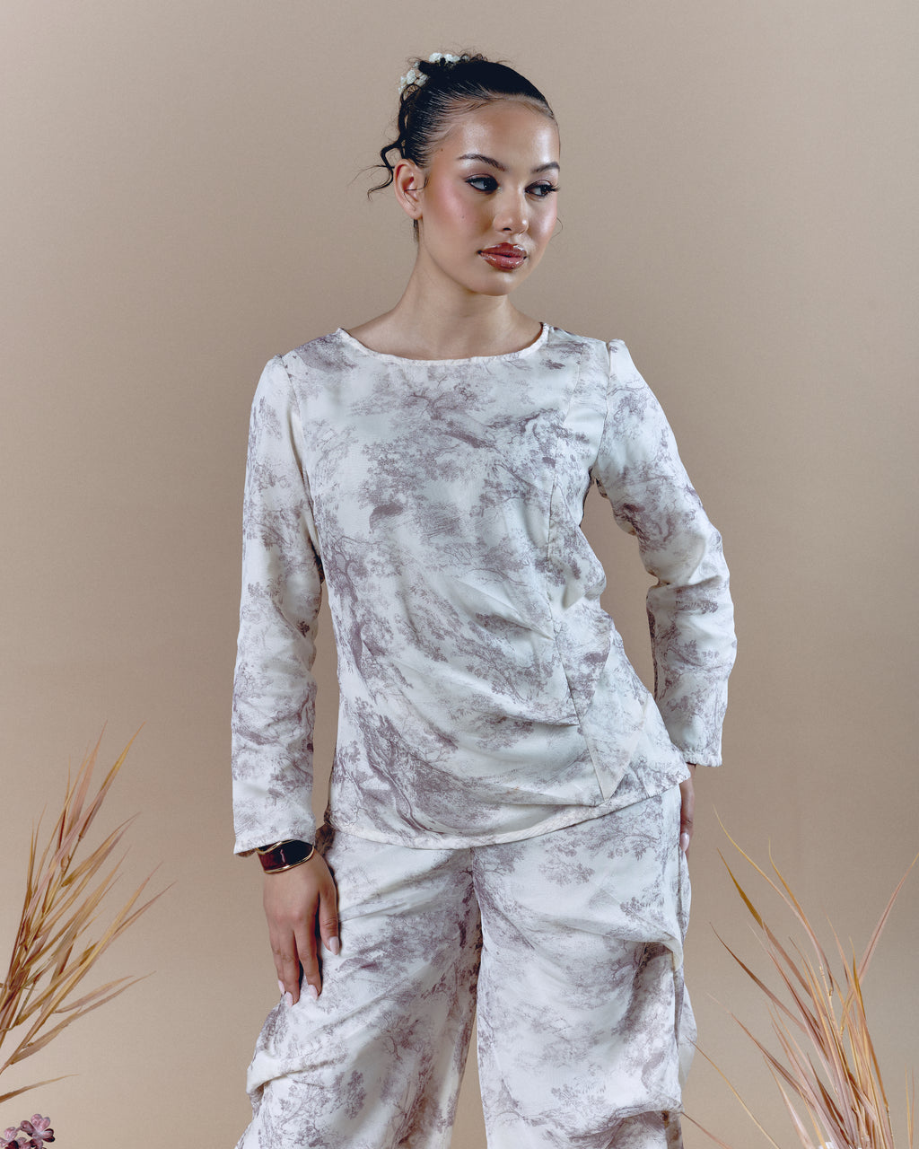 Brown Pleated Shirt Long Sleeve