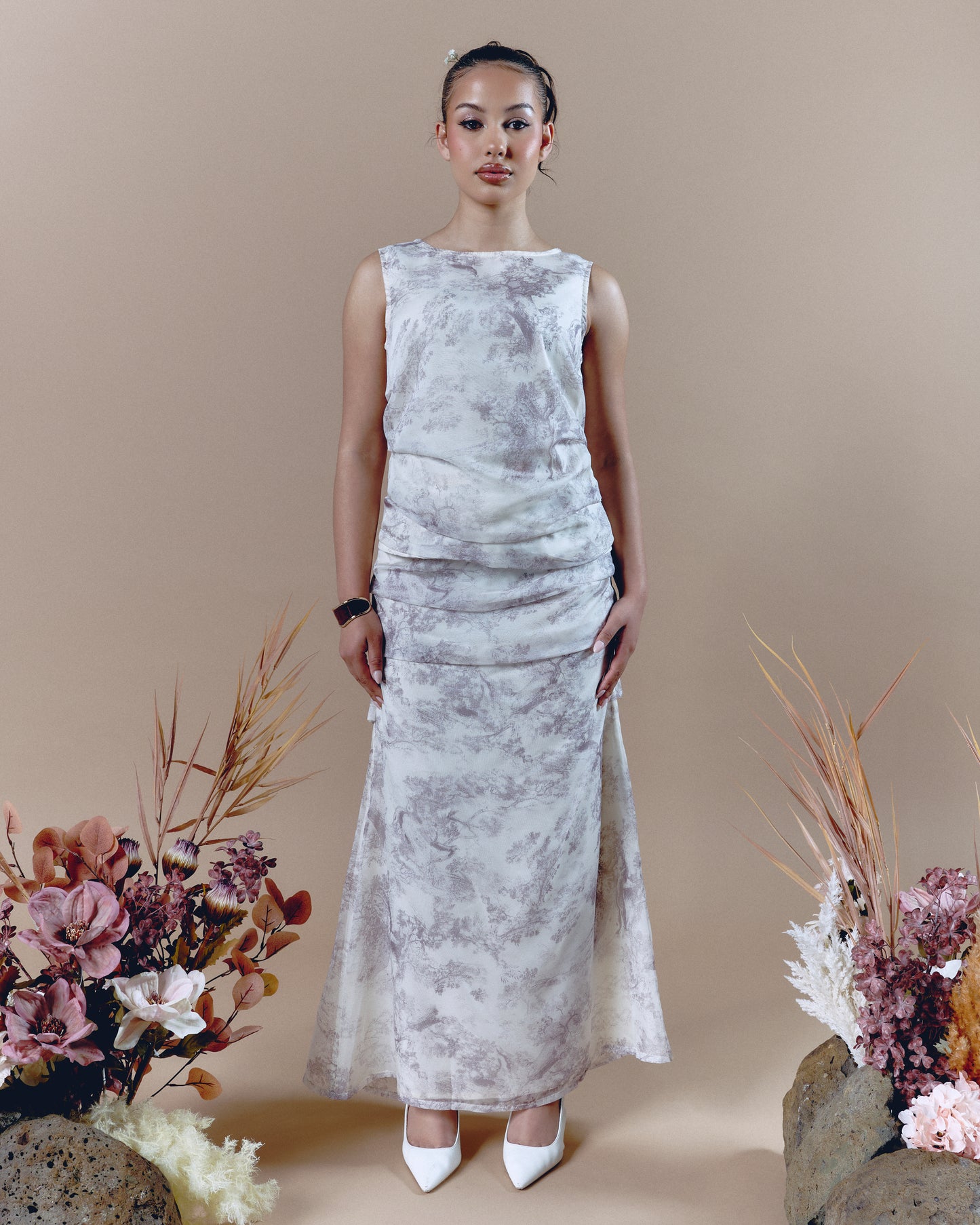 Pleated Shirt Short Sleeve Brown